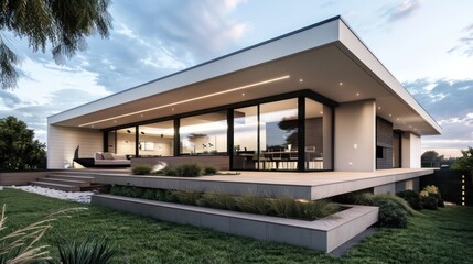 Fototapeta premium Modern suburban home with minimalist styling, featuring a flat roof and hidden outdoor entertainment areas Include space for text