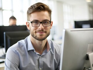 Smiling Man Working At Computer in Modern Office Setting. Generative AI