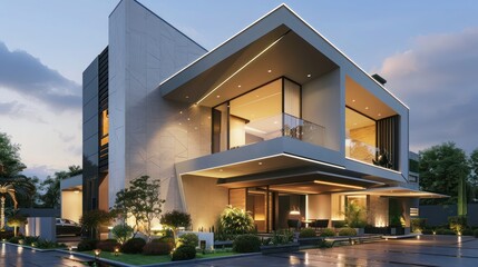 Modern suburban home with minimalist architecture, featuring an asymmetrical design and ambient exterior lighting Ensure room for text