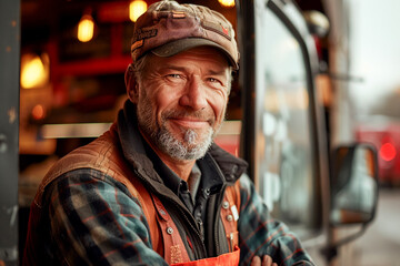 Truck driver, navigating industrial traffic, transporting freight for delivery