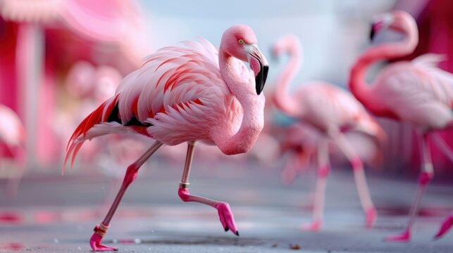 Pink flamingo runs energetically on a wet surface with other flamingos blurred in the background, highlighting the vibrant, dynamic nature of these elegant birds.