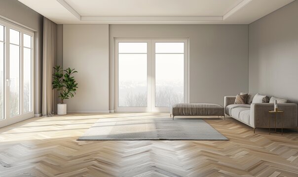 modern living room with parquet flooring empty wall mockup light grey walls wooden flooring sofa potted plant near window bright daylight large windows herringbone pattern minimalistic style