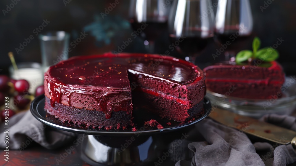 Fototapete luxurious red wine cake with a hint of spice on a deep claret background, rich and perfect for elega
