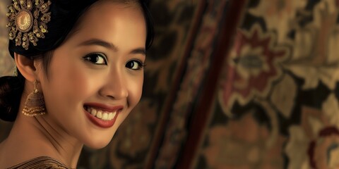 Close-up portrait of a smiling Indonesian woman in traditional dress, highlighting her elegance and cultural heritage. Perfect for cultural and portrait photography.