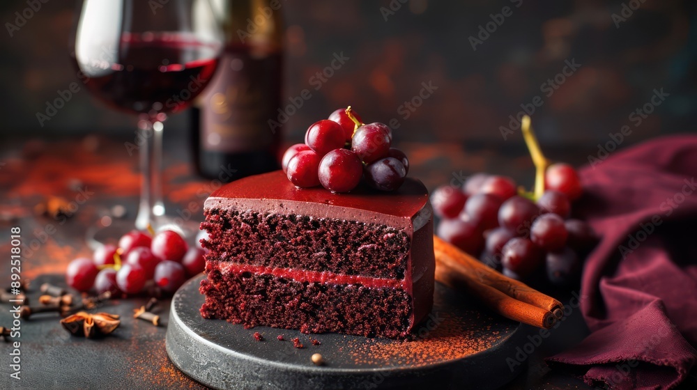 Fototapete luxurious red wine cake with a hint of spice on a deep claret background, rich and perfect for elegant text