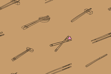 Seamless pattern of different chopsticks used in Asia in doodle style. Bamboo sticks. Chinese and japanese chopsticks, sushi chopsticks, noodle and rice chopsticks. Doodle
