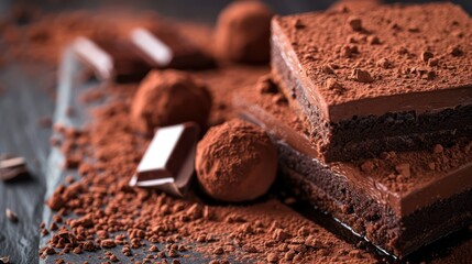 luxurious truffle cake dusted with fine cocoa on a dark chocolate background, sophisticated and perfect for gourmet text