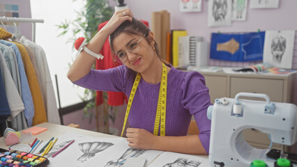 Confident young hispanic woman with glasses posing in a tailor shop surrounded by fashion sketches...