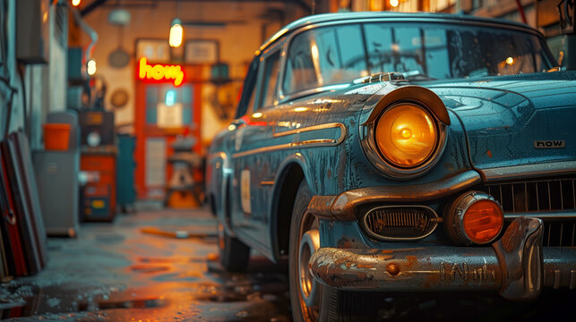A vintage car parked at an old gas station, with the headlight on and neon lights reflecting in its shiny surface - Powered by Adobe