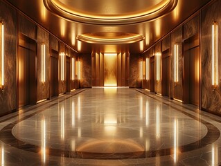 A luxurious hallway featuring polished marble floors, sleek golden lighting, and an elegant Art Deco interior design.