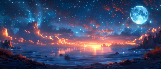 Fototapeta premium an alien planet with vibrant blue and orange skies swirling clouds stars in the sky glowing moon reflecting on water and lush greenery on land
