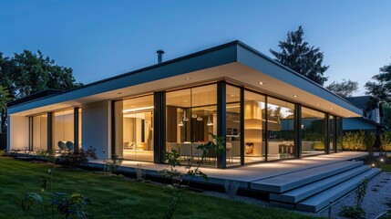 Fototapeta premium Sleek and modern suburban home with an all-glass front and subtle lighting, emphasizing clean lines Include copy space for text