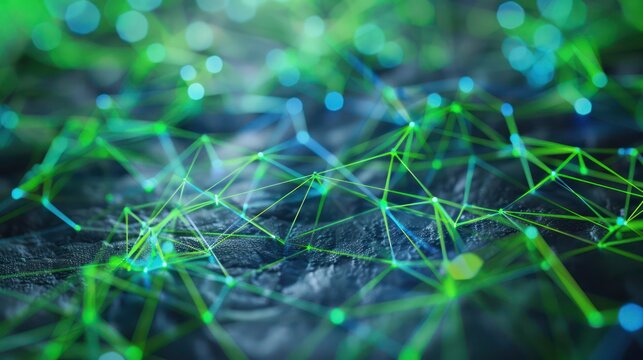 Futuristic network of green and blue plexuses, radiating energy on a charcoal grey base