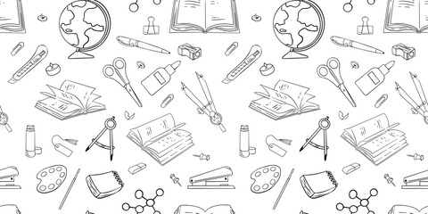 Seamless pattern with hand drawn school, doodles and back to school. Vector illustration.