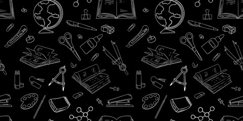 Seamless pattern with hand drawn school, doodles and back to school. Vector illustration.