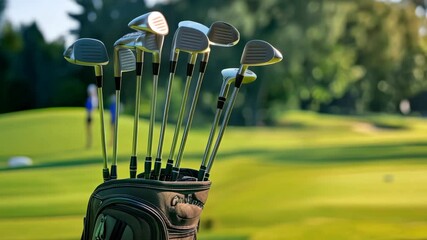 Golf bag with clubs on a lush green golf course during a sunny day