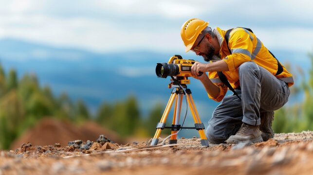 Construction Worker Capturing Mountain Landscape Photography