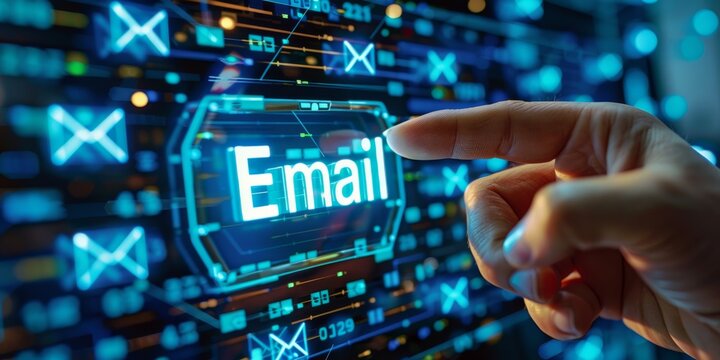 A close-up of a businessman's finger touching the word "Email" displayed on a sleek digital interface resembling an inbox, with virtual envelopes and messages floating around, illustrating email 