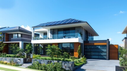 Fototapeta premium Sleek and modern suburban home with clean architectural lines and a focus on sustainability, featuring solar panels Space for text required