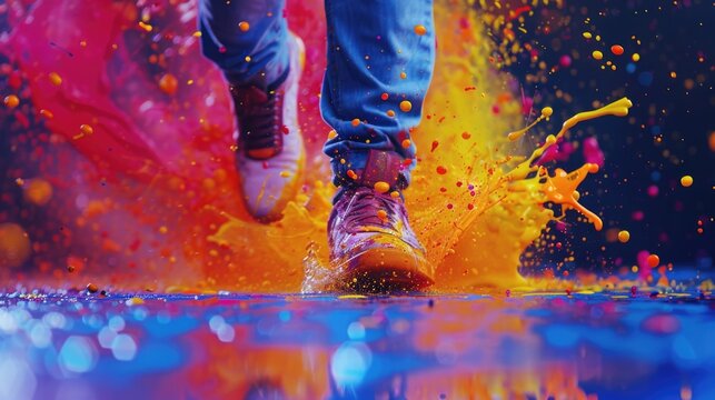 Close-up of painted feet with bright colors and designs