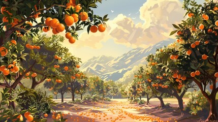 Abundant orange orchard with trees heavy with ripe oranges, representing the essence of harvest season.