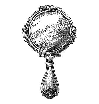 recommend clip art: antique hand mirror engraving black and white outline