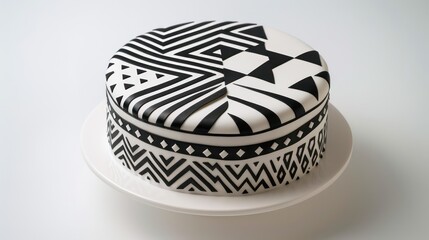 modern geometric cake with bold black and white patterns on a stark white background, chic for contemporary text