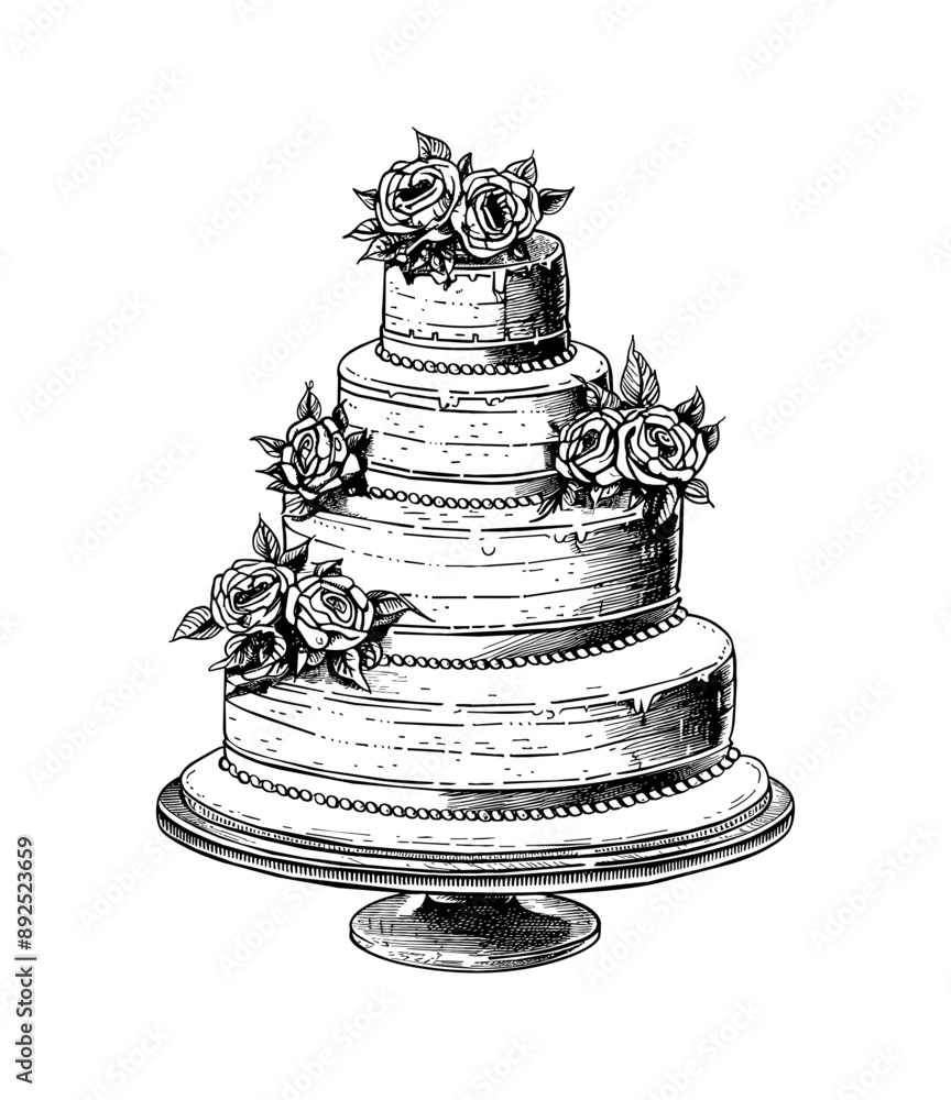 Wall mural wedding cake engraving black and white outline