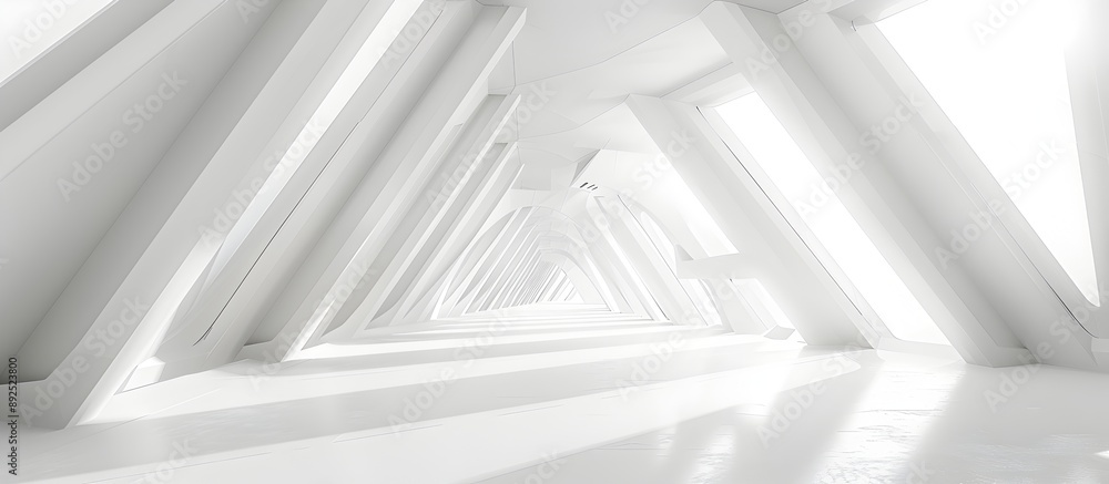 Poster abstract white interior background with empty corridor and triangle shapes, futuristic architecture 