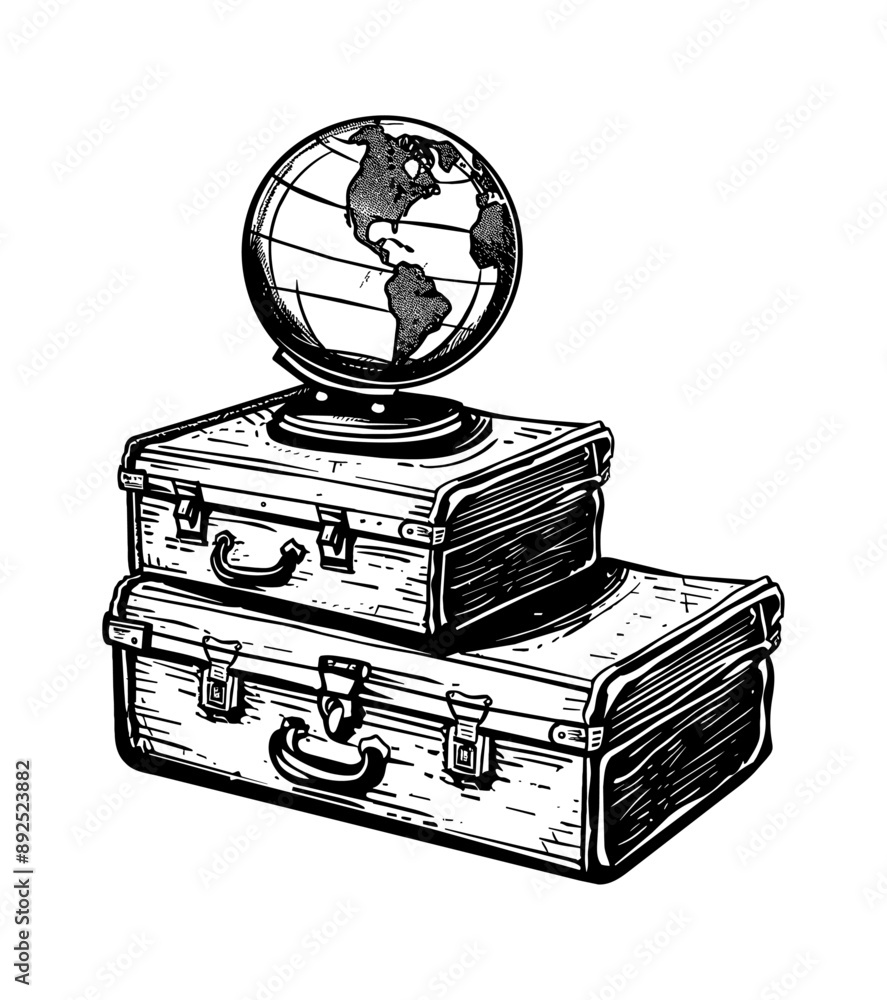 Wall mural earth globe suitcase engraving black and white outline