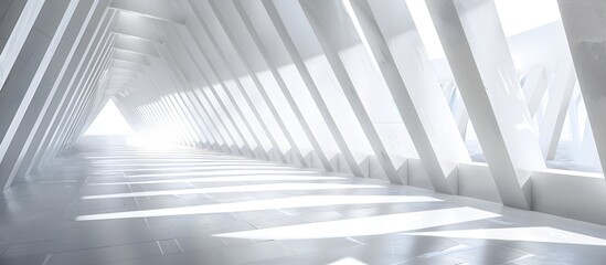 Fototapeta premium Abstract white interior background with empty corridor and triangle shapes, futuristic architecture concept, copy space, 3d rendering 