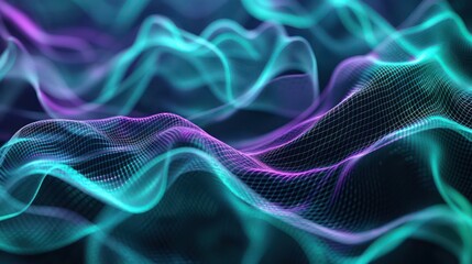 Fototapeta premium Holographic teal and purple mesh, swirling in an abstract pattern on a dark canvas, suitable for text