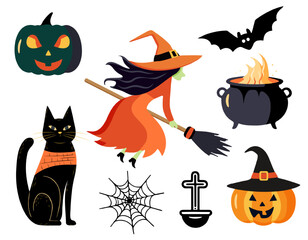 Halloween set witch, pumpkin, bat, cat. Characters and elements for halloween in cartoon style.