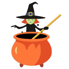 Witch brews a potion. Character for halloween in cartoon style.