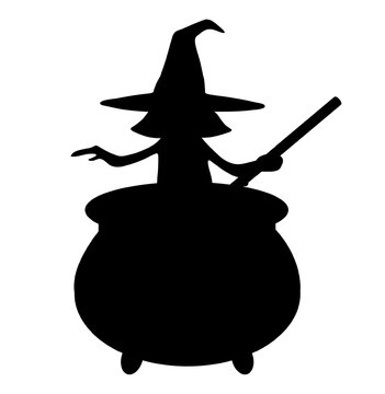 recommend clip art: Witch silhouette. Witch brews a potion. Silhouette of a witch, black witch. Witchcraft. Halloween concept