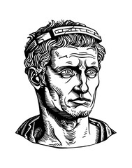 julius caesar head statue engraving black and white outline