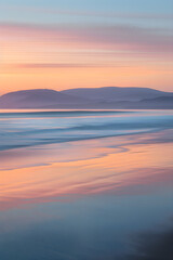 Sunset Serenity: A Peaceful Beachfront Harmony of Pastel Hues and Reflective Waters