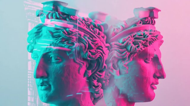 Greek Sculptures in Vaporwave Glitch Art with Neon Pink and Turquoise Background.