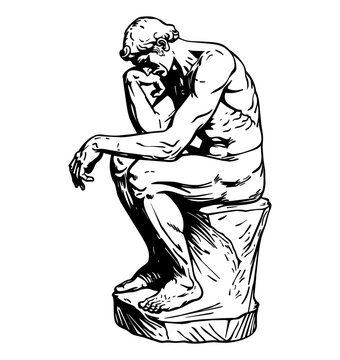 thinker statue engraving black and white outline