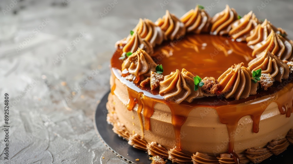 Fototapete modern salted caramel drizzle cake on a soft dove gray background, chic and inviting for minimalist text