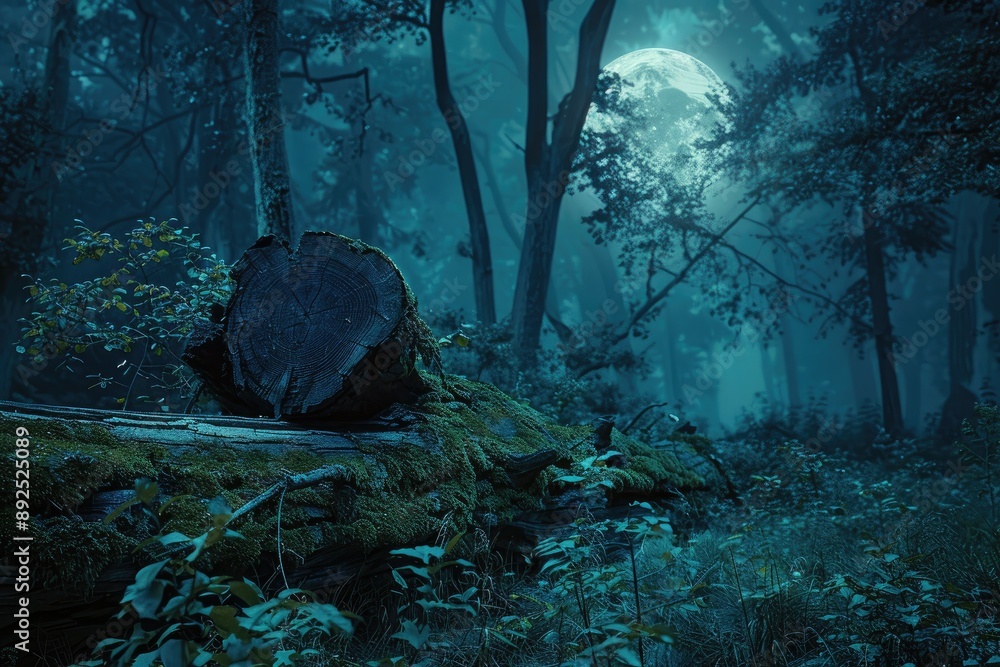 Poster a large log is sitting on a mossy log in a dark forest. the moon is shining brightly in the sky, cas