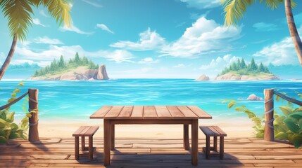 Obraz premium A serene beach view with a wooden table set against the backdrop of tropical vibes and bright sunlight, perfect for a relaxing vacation.