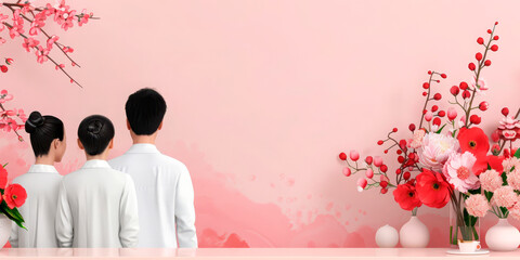 Family standing together with flowers on Teacher's Day in China. Concept: Family unity, respect for teachers. Business use: Education, family services. Relevant holiday: Teacher's Day.