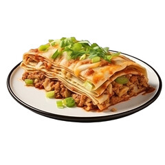 Fototapeta premium Isolated Enchilada Dish with Ground Meat and Green Onions.