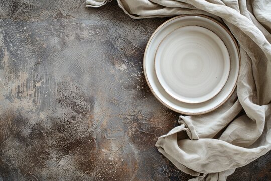 A white plate sits on a table with a white cloth draped over it. The cloth is slightly wrinkled and the table is made of wood. The scene gives off a casual and relaxed vibe