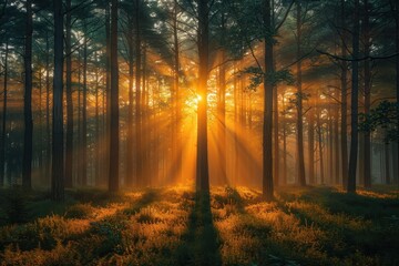 Obraz premium Golden Rays in the Forest