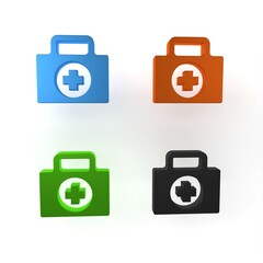Colorful First aid kit icon isolated on white background. Medical box with cross. Medical equipment for emergency. Healthcare concept. Minimalism concept. 3D render illustration