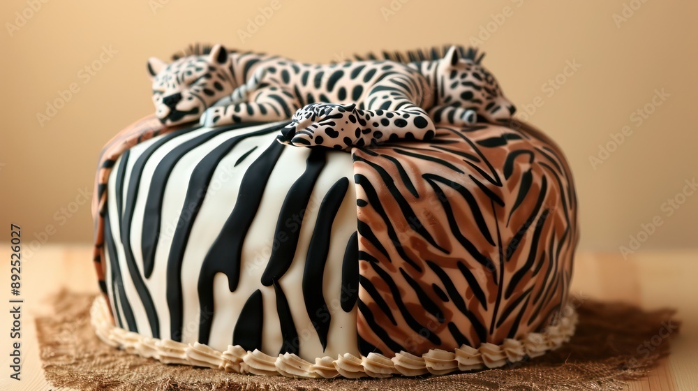 Fototapete playful animal print cake with zebra and leopard patterns on a tan background, fun and vibrant for adventurous text