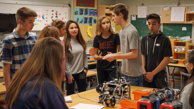 High School Students Presenting Robotics Project in Classroom
