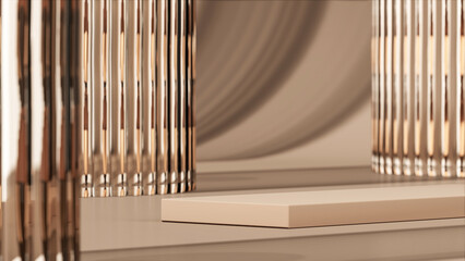 The beige stage blank for product presentation in abstract background glass and shadows. 3D illustration